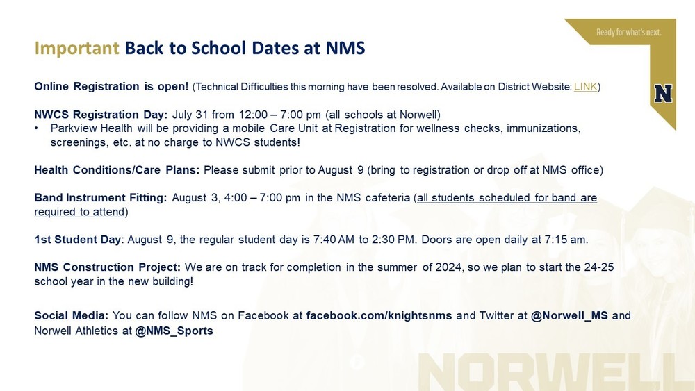 Back to School Dates Norwell Middle School